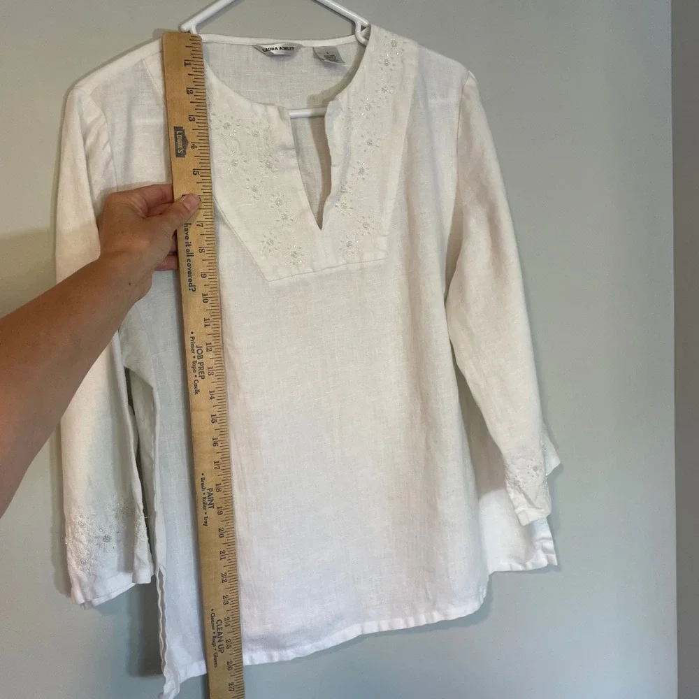 Laura Ashley Womens‎ White Linen Embroidered Sequin Tunic Top Size L Boho